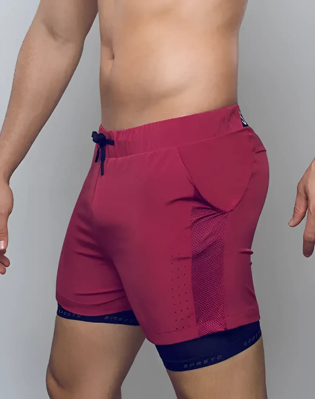 Spr max short red athletic shorts with navy blue drawstring mesh paneling and double layer design