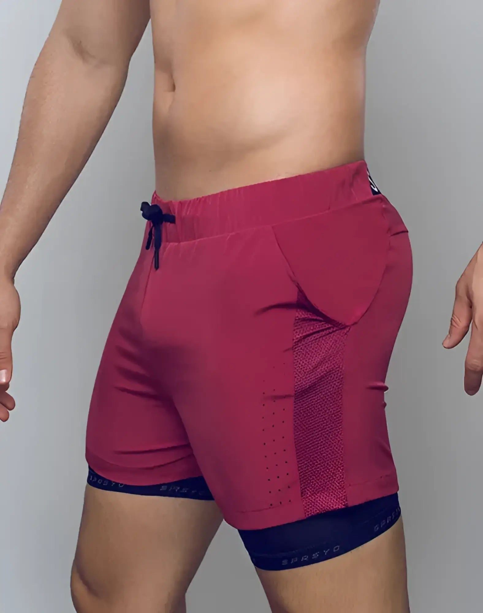 Spr max short red athletic shorts with navy blue drawstring mesh paneling and double layer design