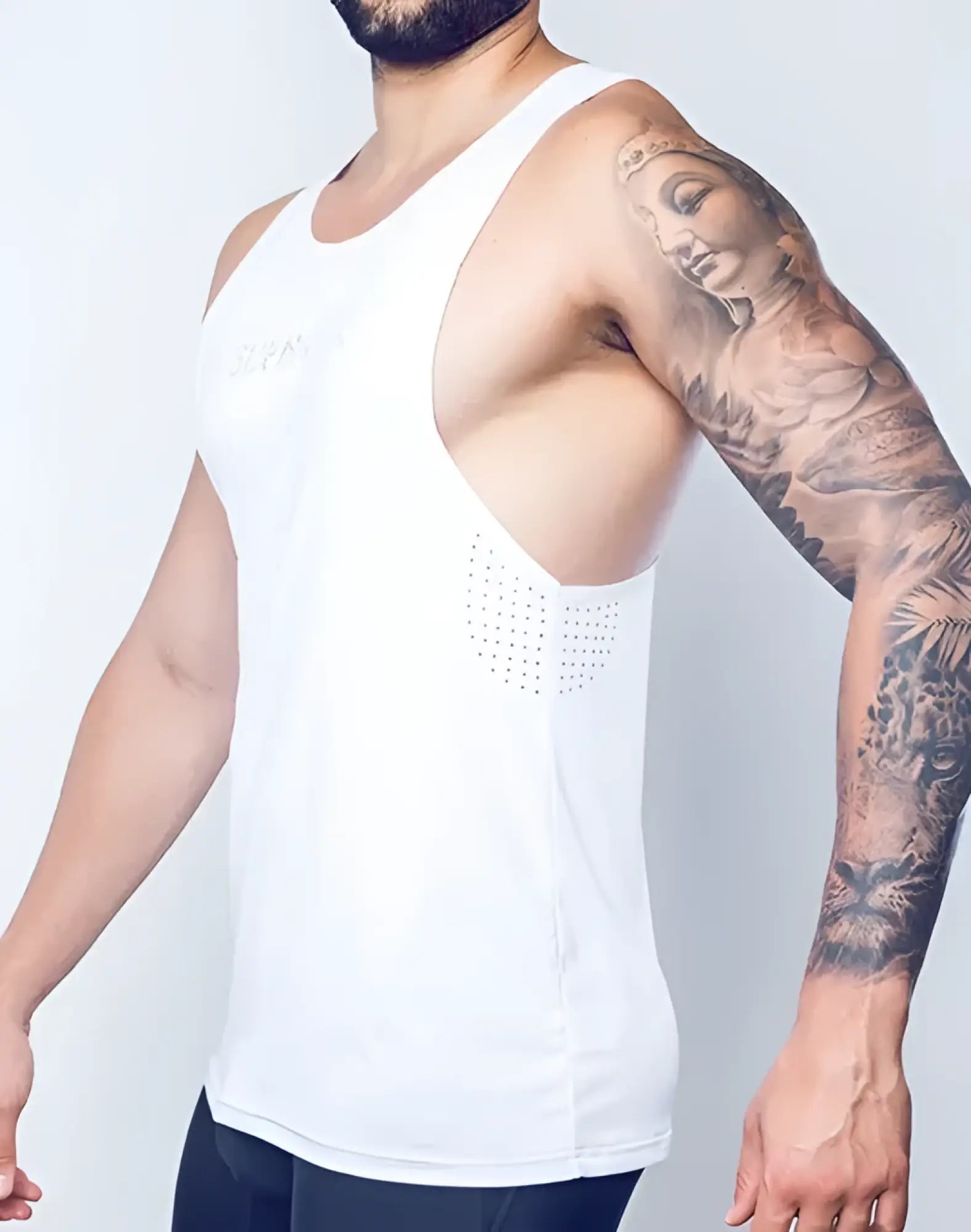 White athletic tank top spr y-tank with perforated mesh side panel for breathability and comfort