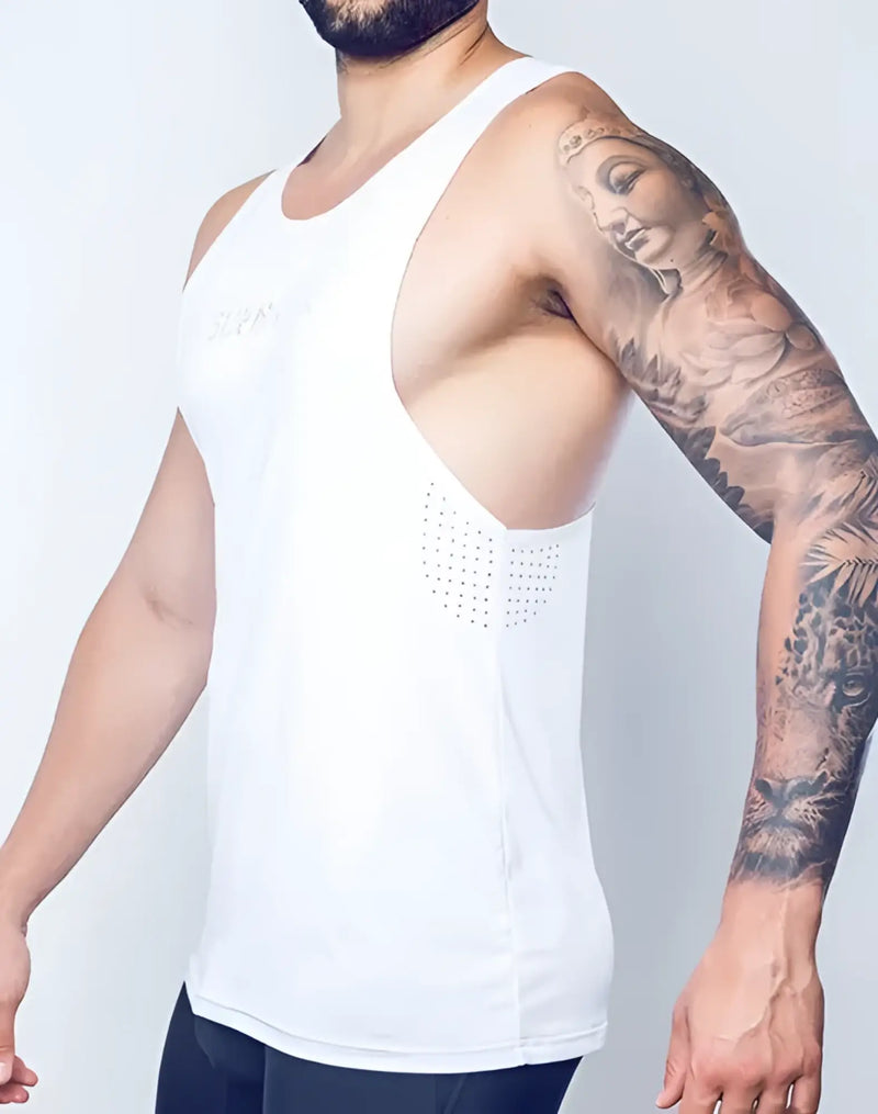 White athletic tank top spr y-tank with perforated mesh side panel for breathability and comfort