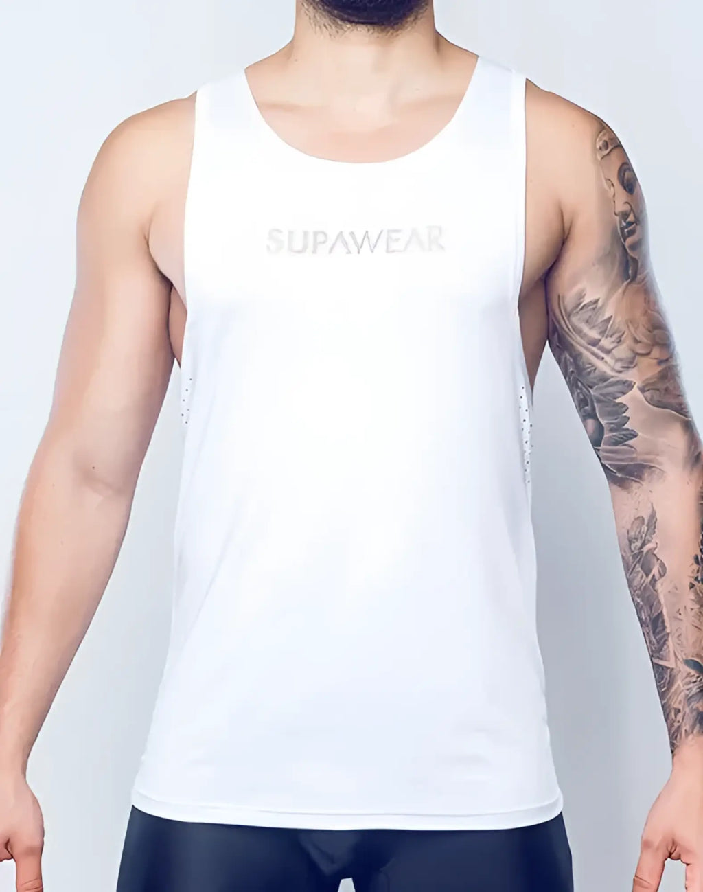 White supawear spr y tank top with subtle mesh detailing on the sides for breathability and style
