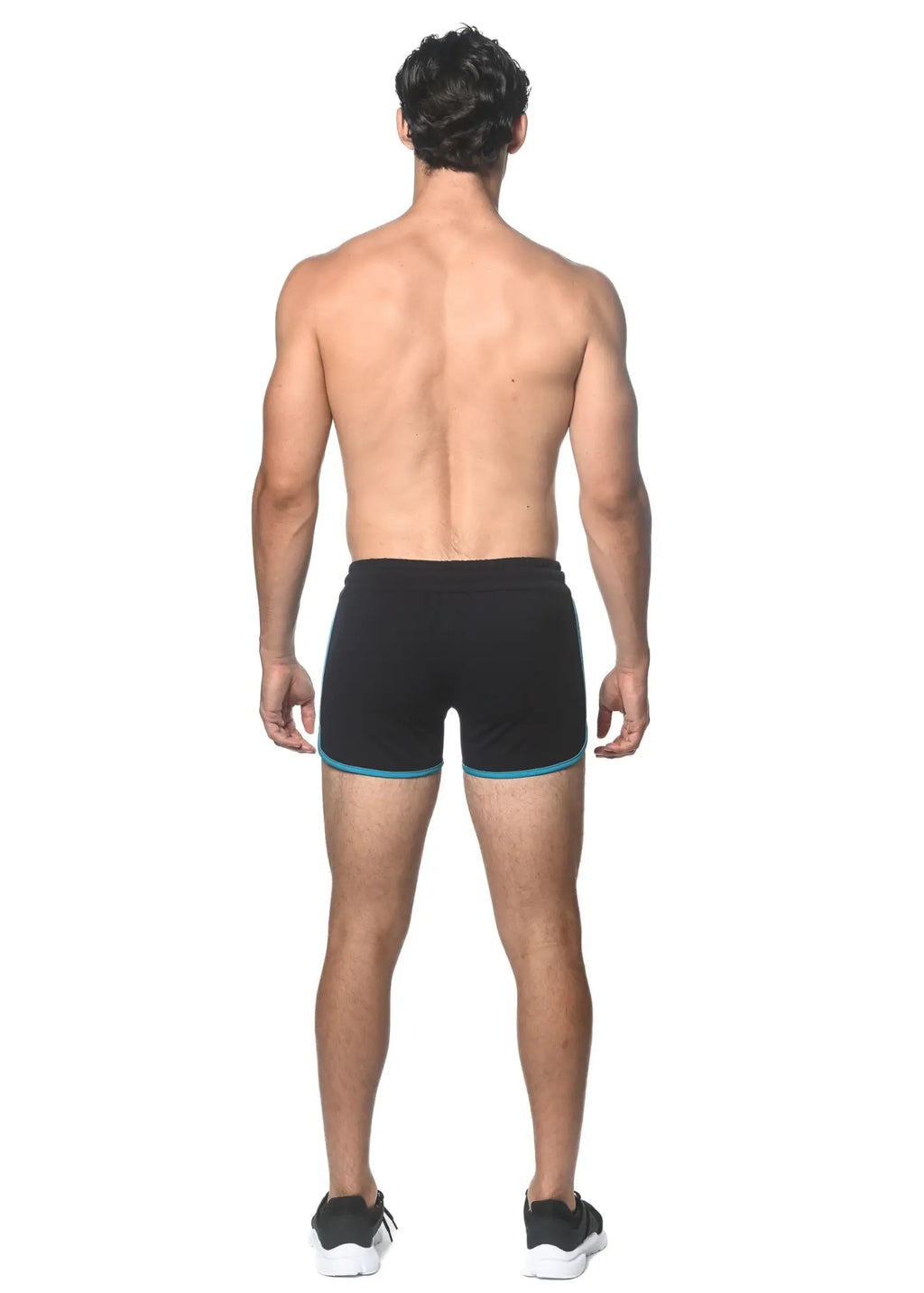 Black sprinter stretch gym shorts with teal trim and heat weld zippers designed for athletic use