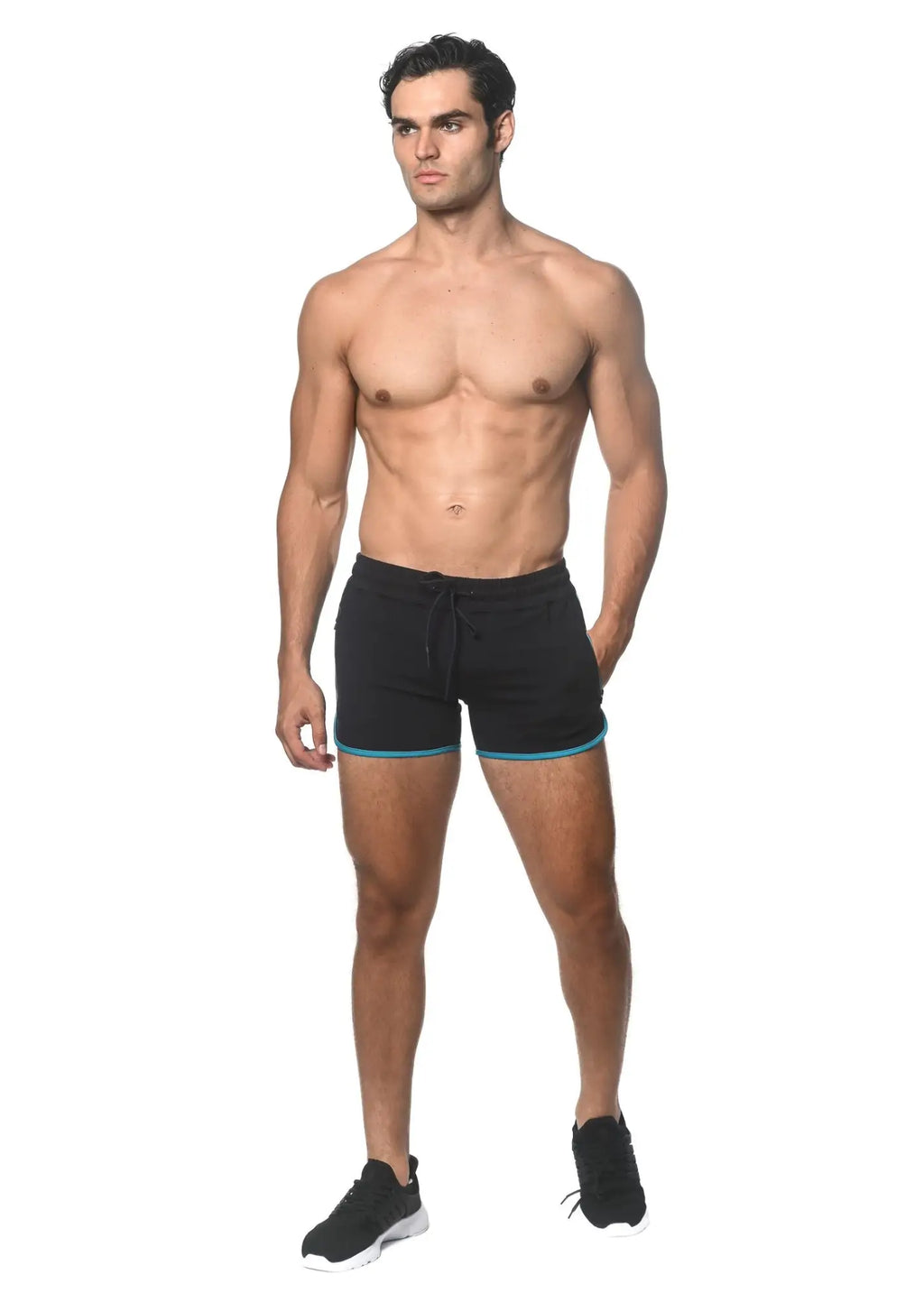 Black sprinter stretch gym shorts with heat weld zippers featuring teal trim and drawstring for athletic use