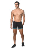 Black sprinter stretch gym shorts with heat weld zippers featuring teal trim and drawstring for athletic use