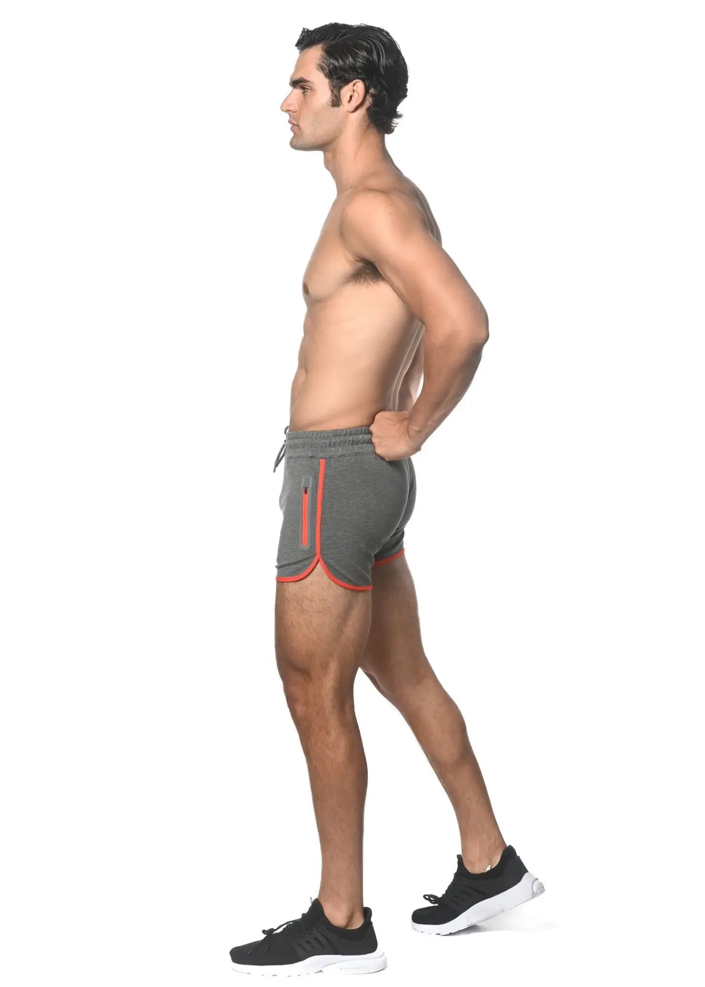 Gray sprinter stretch gym shorts with orange trim heat weld zippers drawstring waistband and side pockets for athletic use