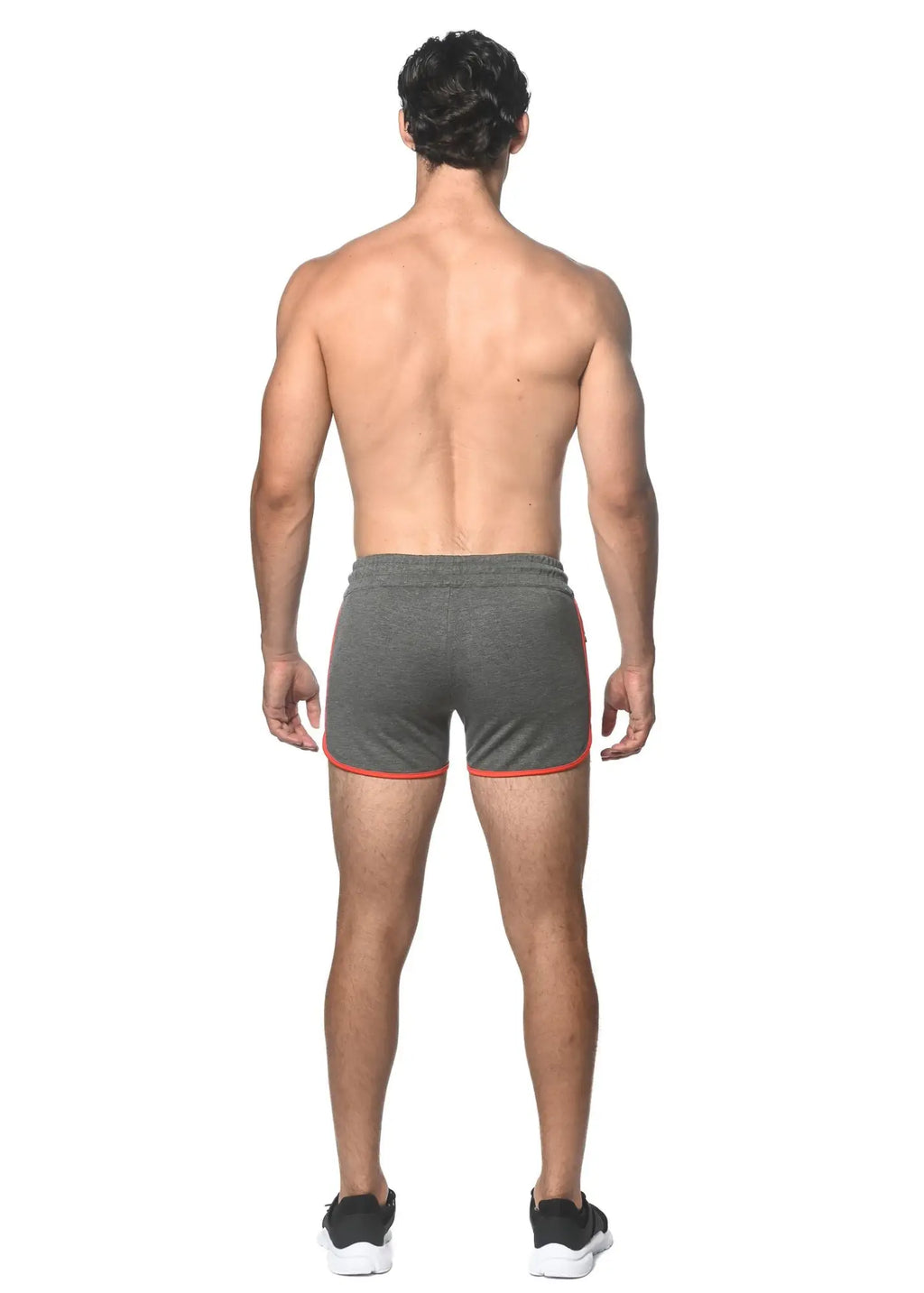 Gray sprinter stretch gym shorts with red trim and heat weld zippers designed for athletic use