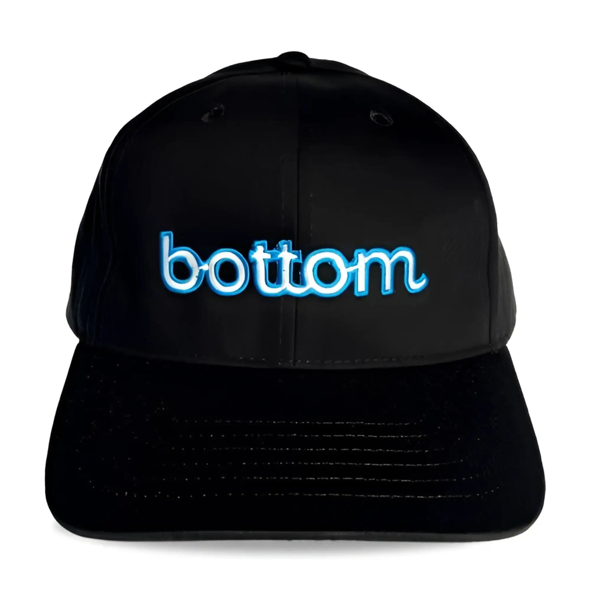 Black Spunky Monkee cap with glowing blue embroidered bottom logo on front panel