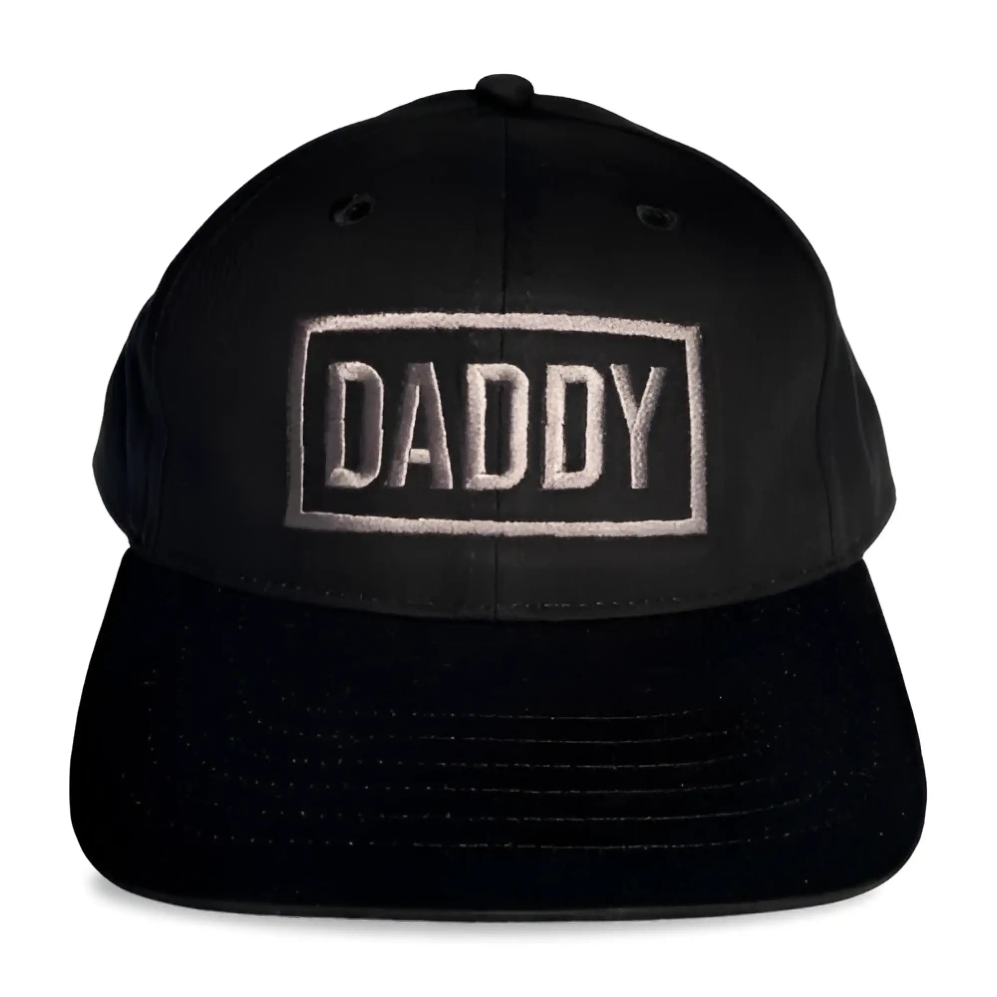 Black snapback Spunky Monkee cap with daddy embroidered in silver thread inside rectangular border
