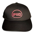 Black spunky monkee snapback cap with pink embroidered pig logo in a circular design on the front panel