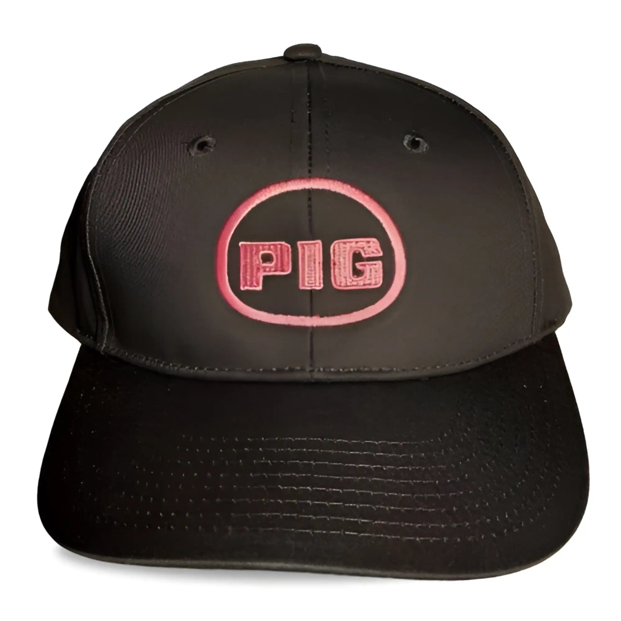 Black spunky monkee snapback cap with pink embroidered pig logo in a circular design on the front panel