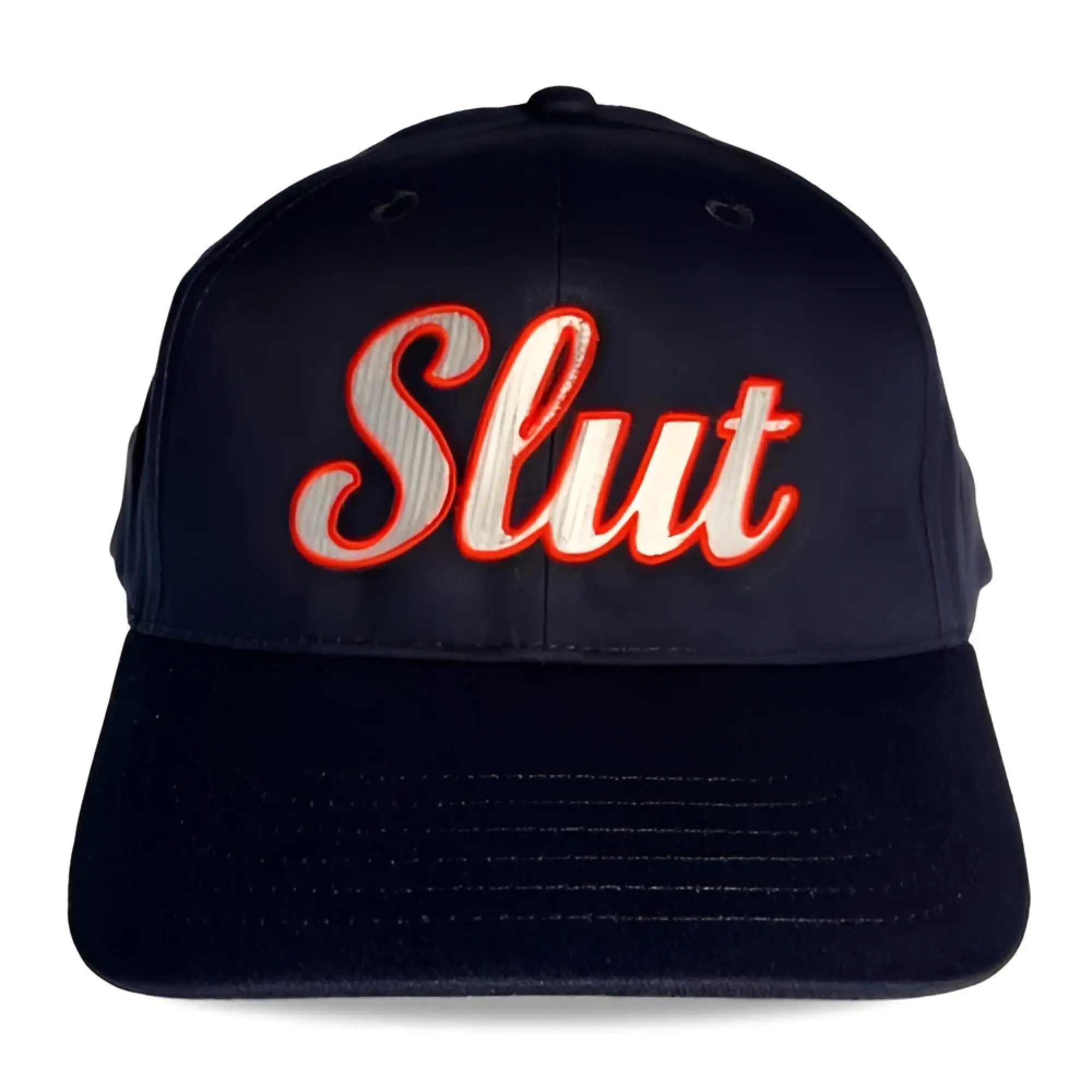 Black baseball cap with slut embroidered in red and white thread from Spunky Monkee collection