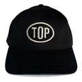 Black baseball cap with white embroidered top logo in oval from spunky monkee cap collection