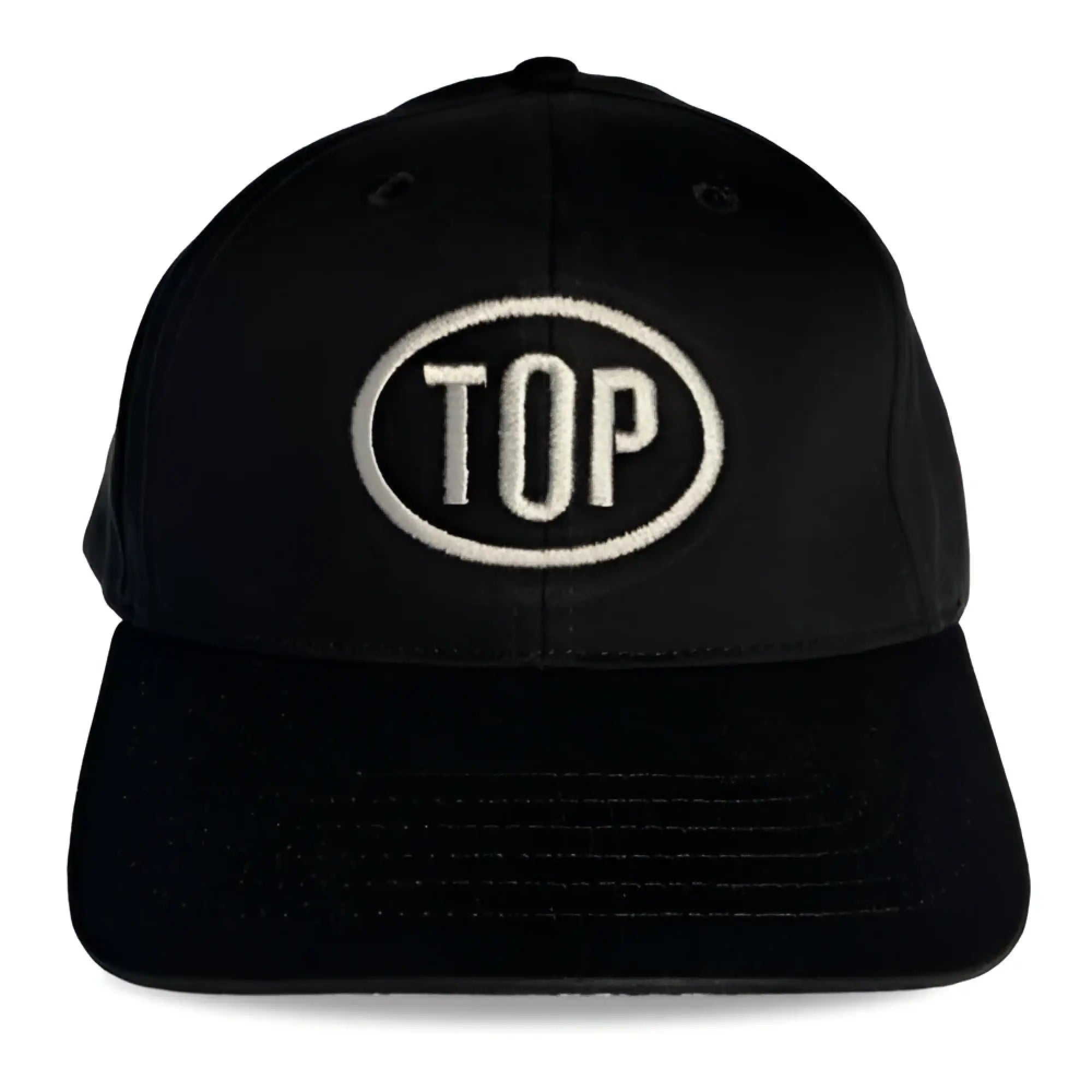 Black baseball cap with white embroidered top logo in oval from spunky monkee cap collection