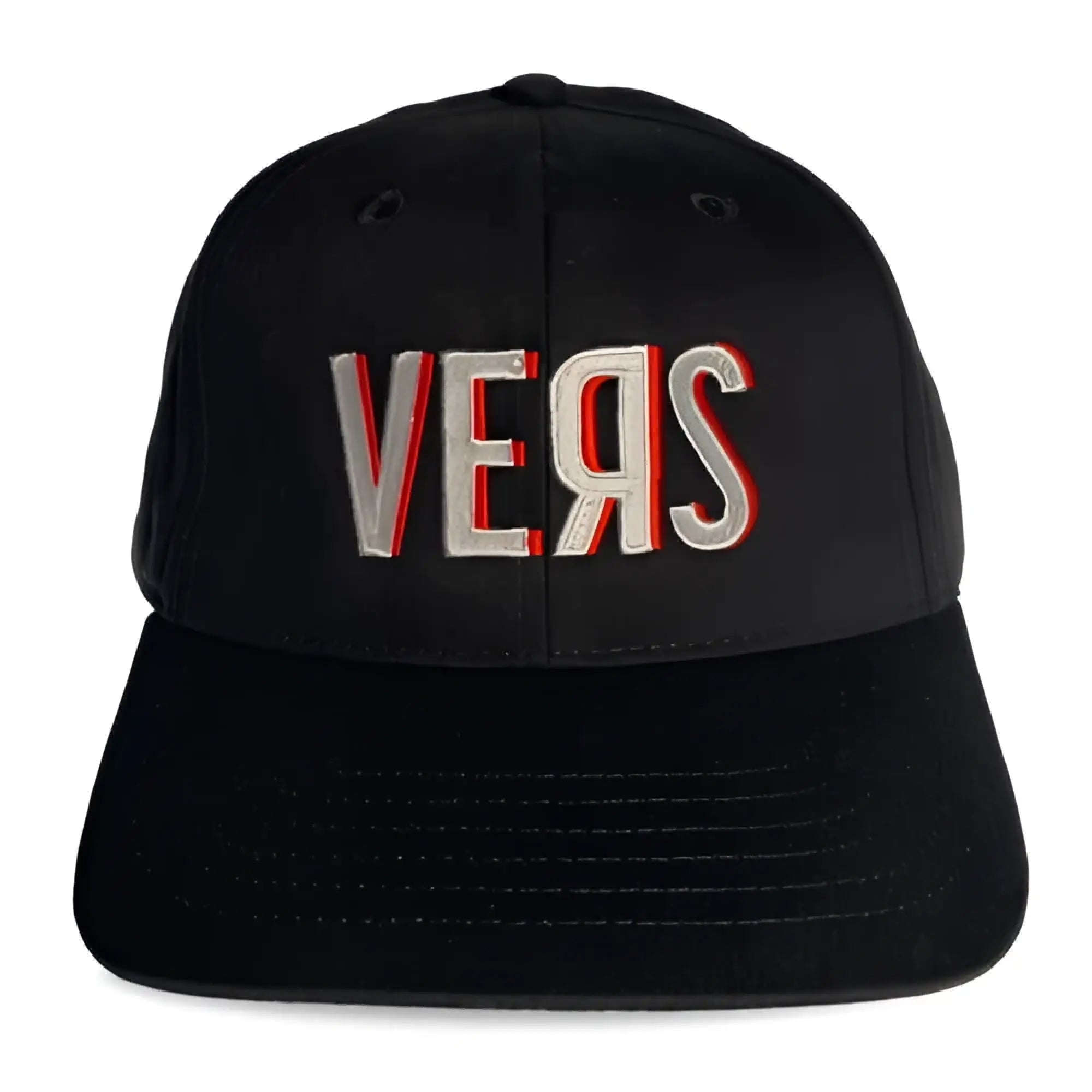 Black spunky monkee cap with embroidered vers logo in white and red thread on front panel