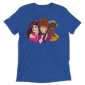 Blue heathered t-shirt featuring a vibrant graphic of three colorful stylized drag queens titled squad goals