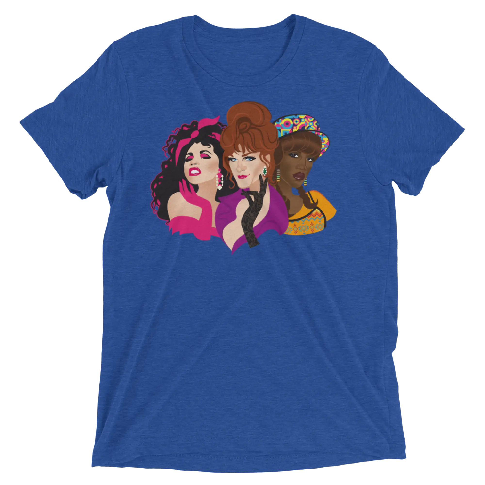 Blue heathered t-shirt featuring a vibrant graphic of three colorful stylized drag queens titled squad goals