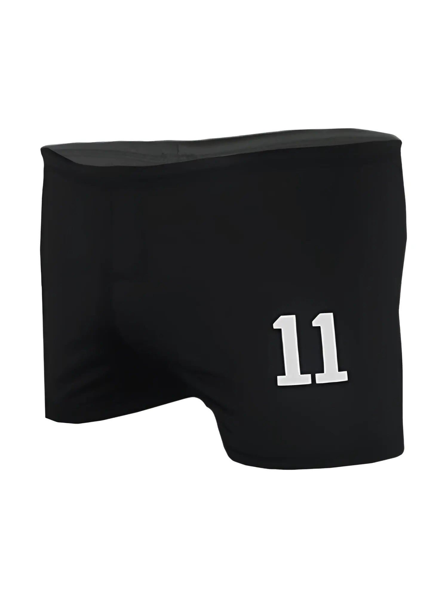 Black athletic square trunk shorts with white 11 number embroidered on front for sports and casual wear