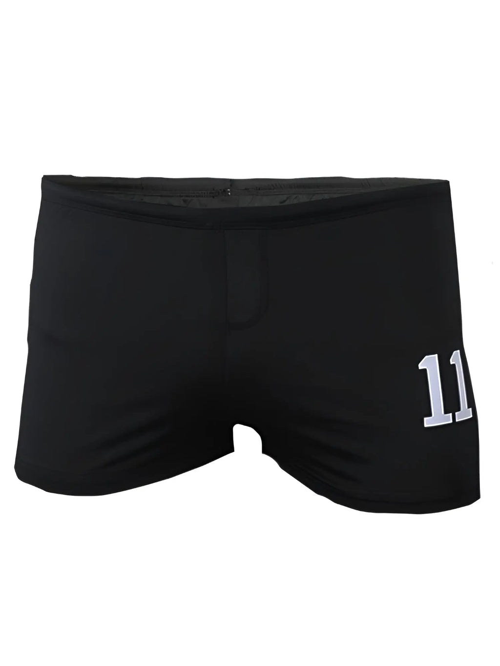 Black square trunk swim trunks with white 11 number on the side for casual beach and poolwear