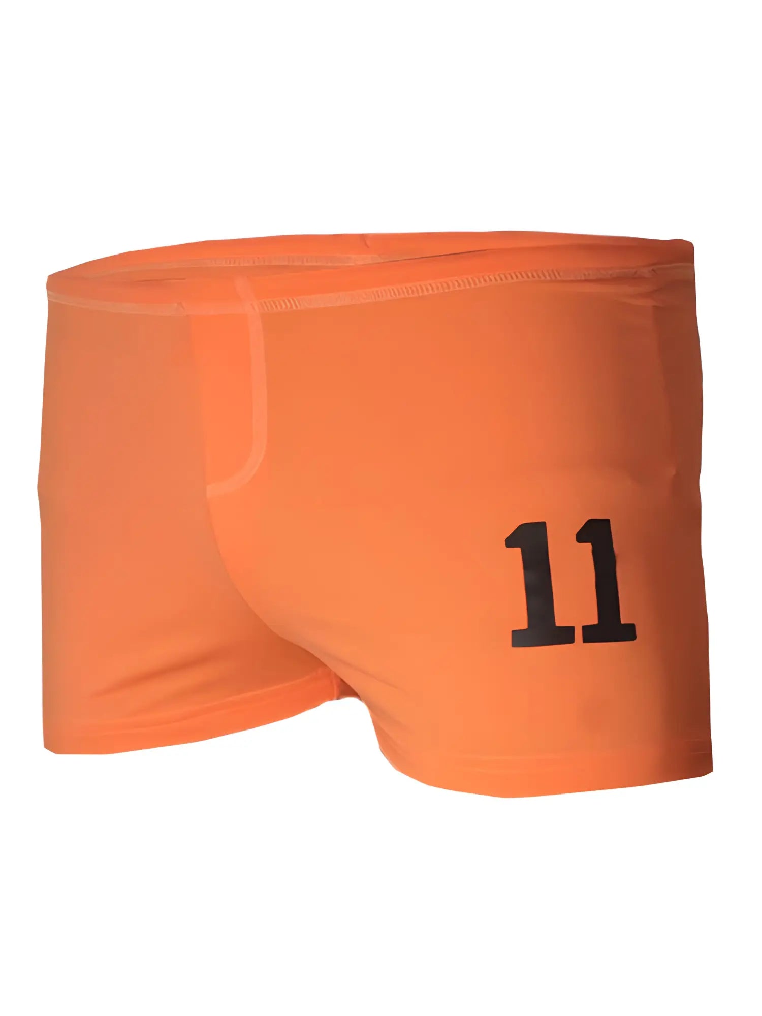 Square trunk bright orange swim trunks with bold black number 11 printed on the side for casual beachwear