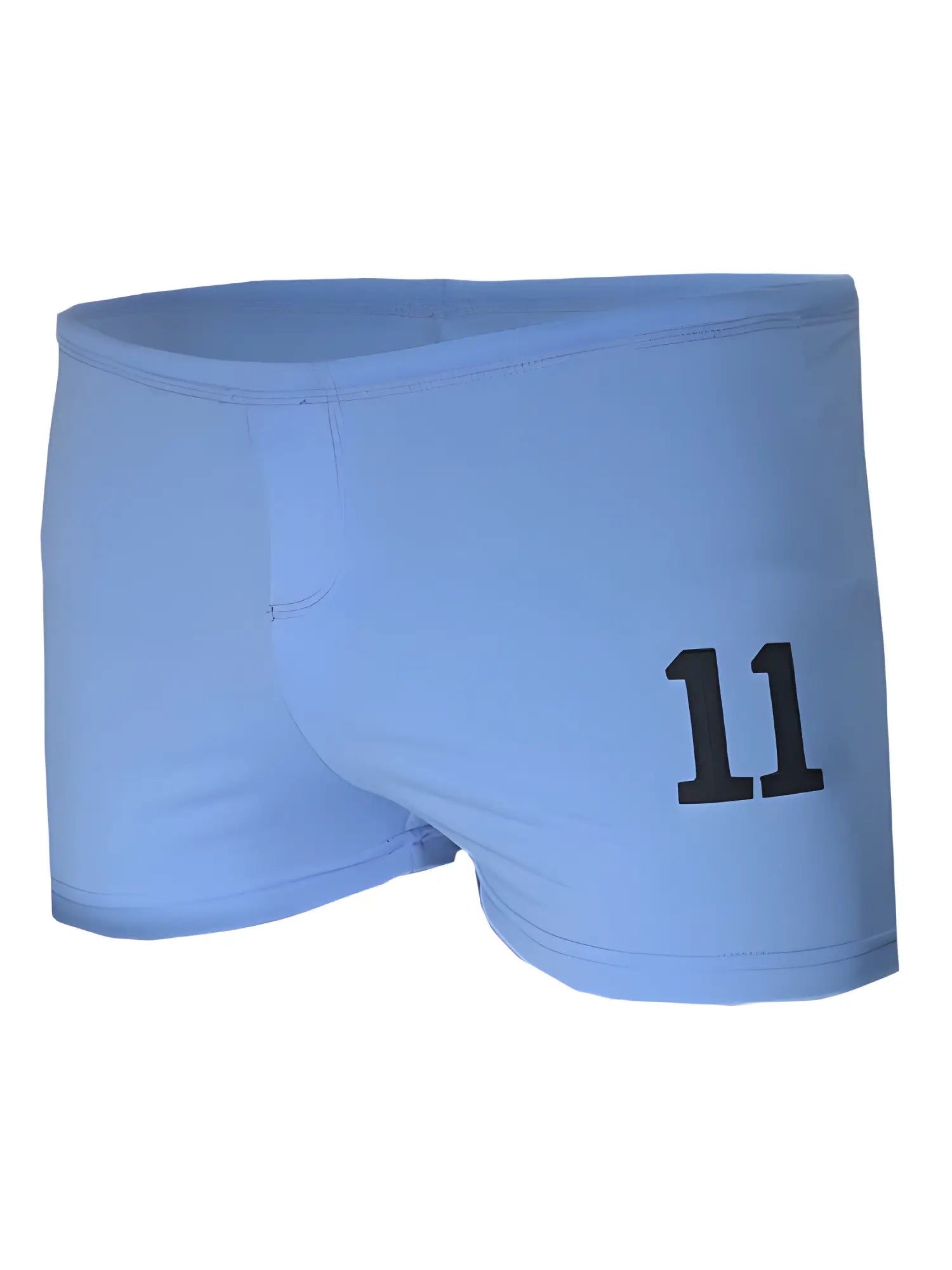 Light blue square trunk athletic briefs with bold black number 11 printed on the right leg