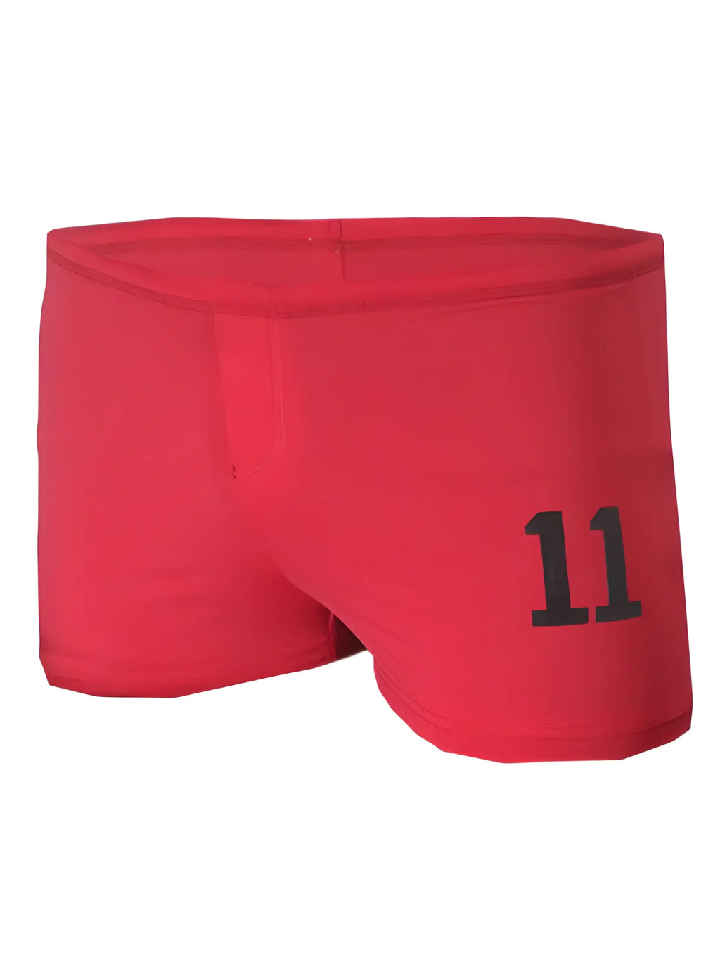 Red athletic square trunk briefs with black number 11 printed on the side for sports and active wear