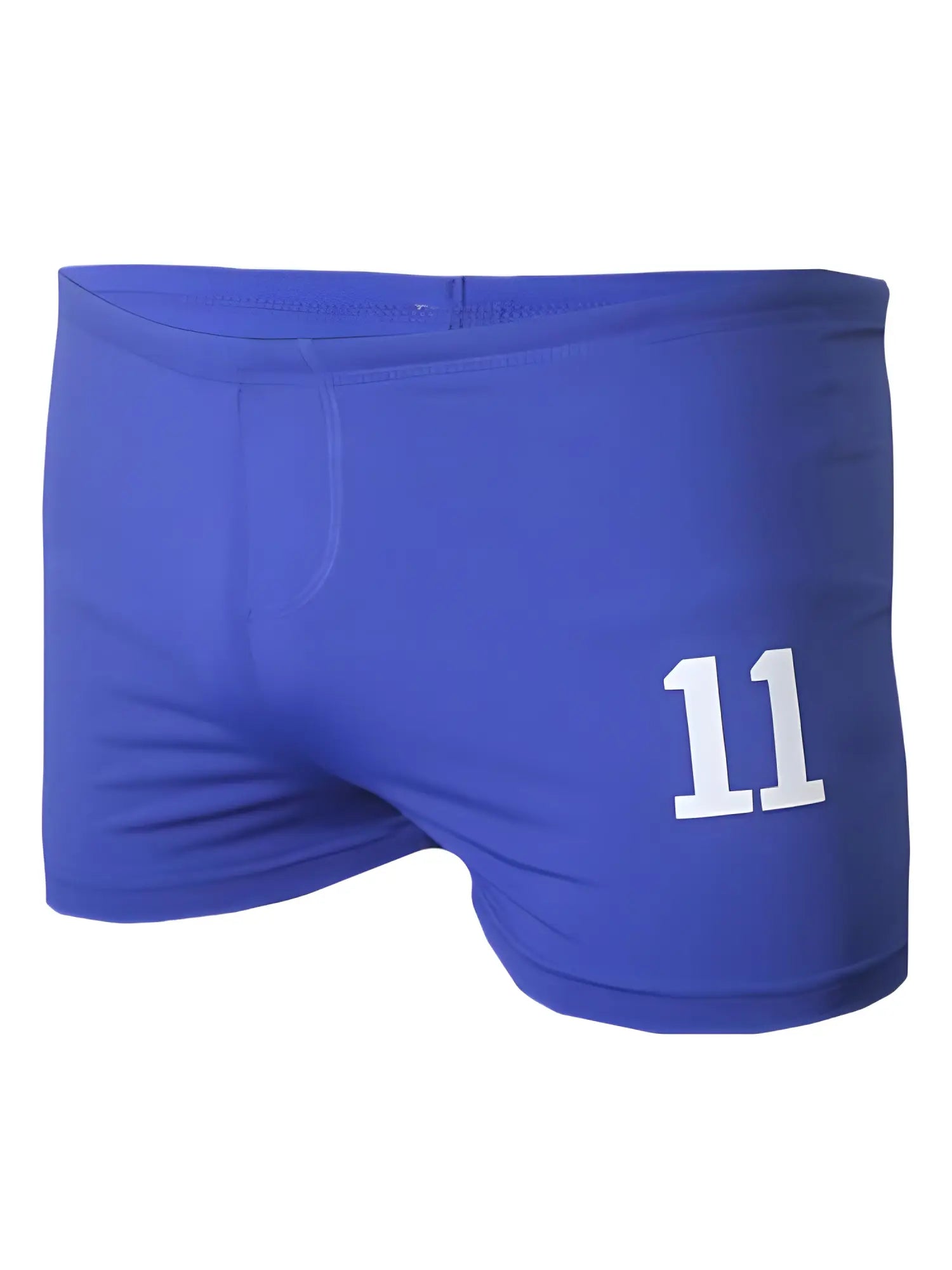 Royal blue square trunk athletic shorts with a bold white number 11 printed on the right leg for sports use