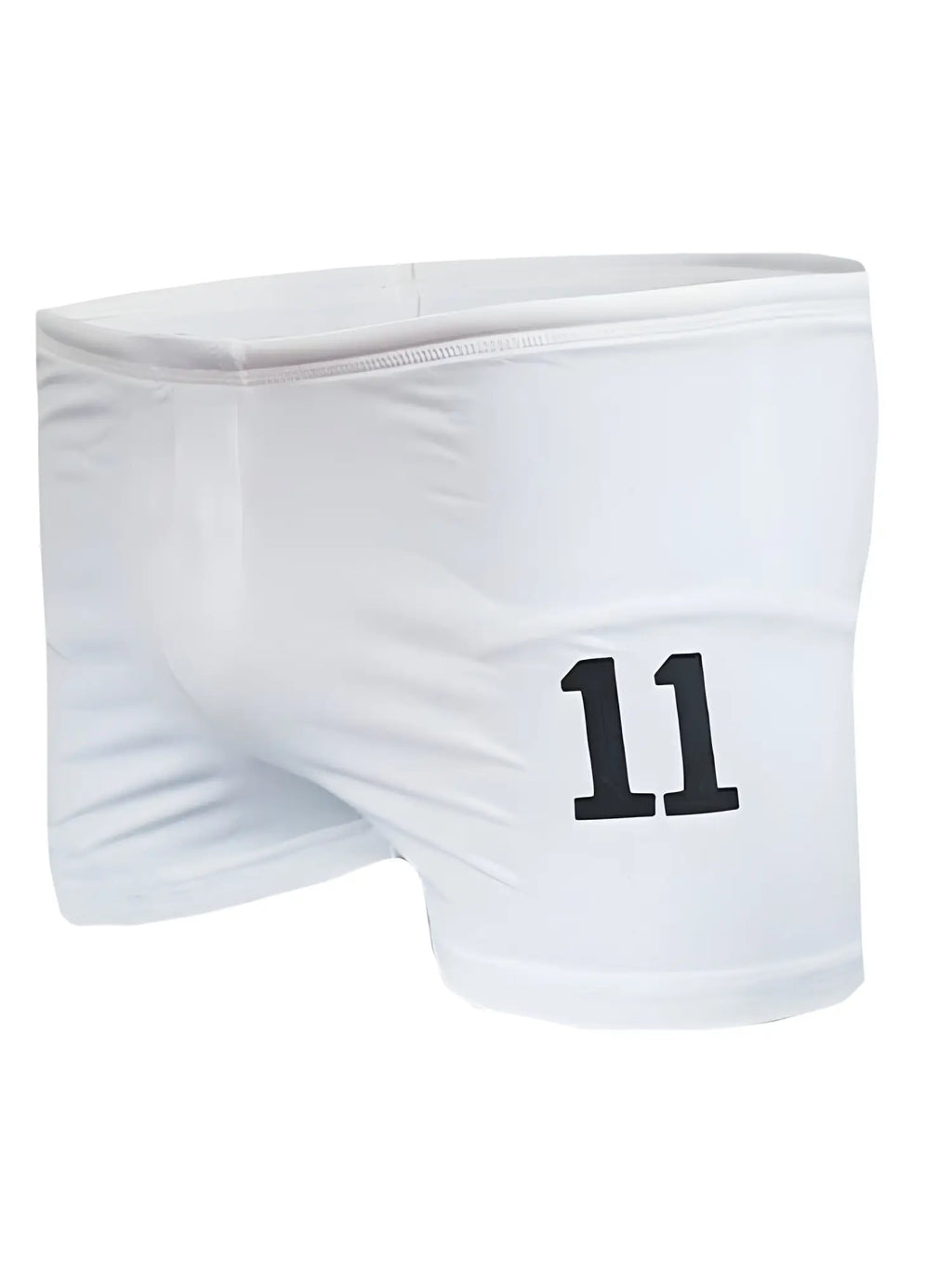 White athletic shorts square trunk with bold black number 11 printed on the side for sports and casual wear