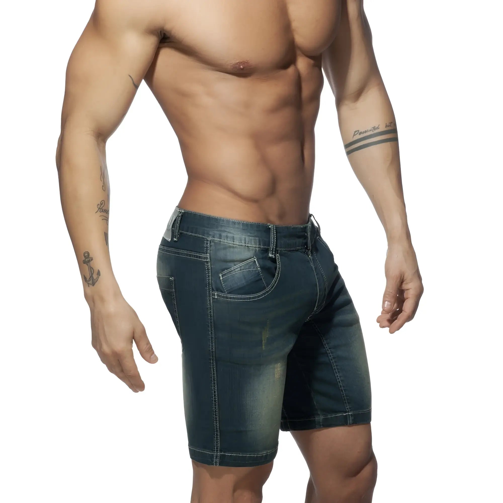 Dark blue denim squat bermuda jeans shorts with faded wash and visible stitching front view