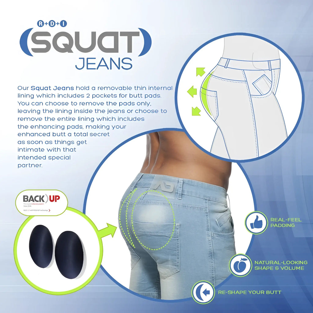 Light blue denim squat bermuda jeans with removable internal padding for enhanced shape and volume