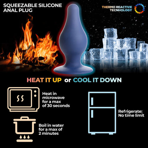 Squeeze-It blue tapered silicone anal plug featuring thermal-reactive icons for heating in microwaves or cooling in fridges.