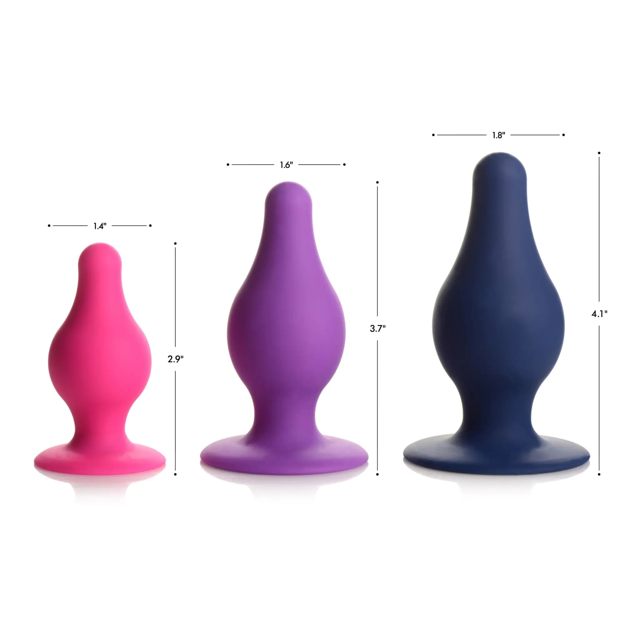 Squeeze-It Squeezable Tapered Anal Plugs in pink, purple, and blue, shown in three sizes with dimensions labeled.