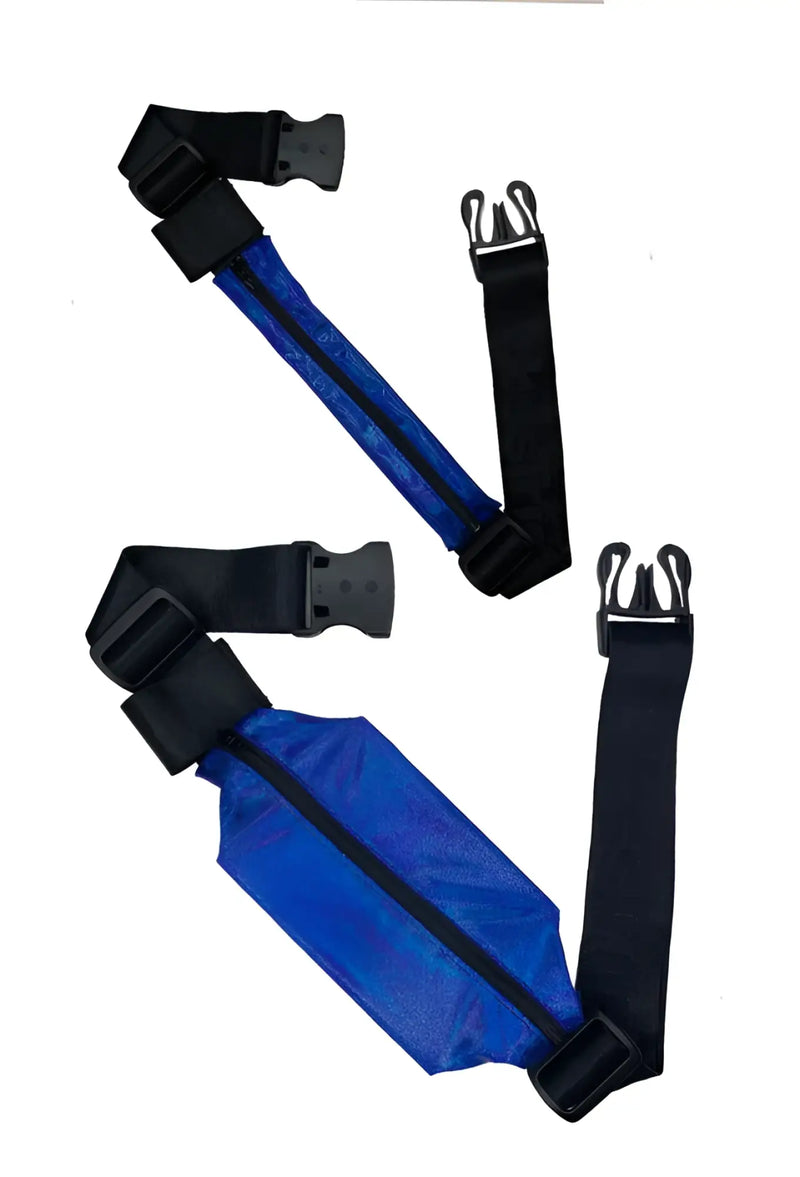Blue mesh ssbag running belt waist pouch with black adjustable straps and plastic buckles for secure fit