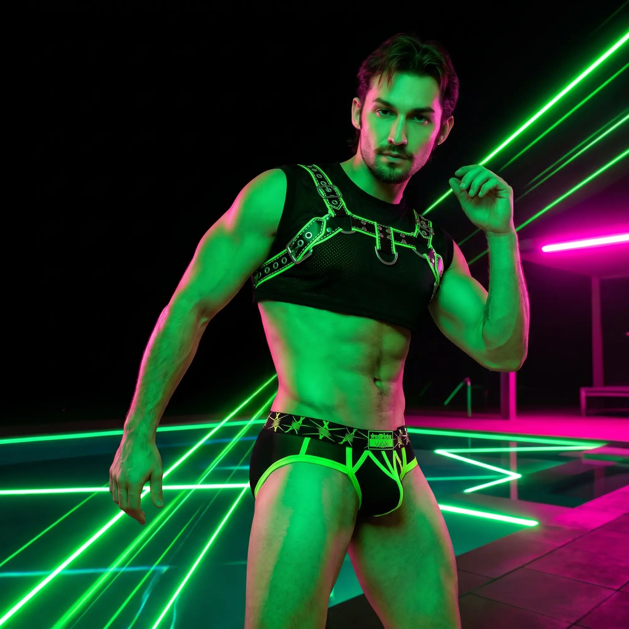 Wide neon banner image for *ssTricks Apparel collection — electric green and hot pink circuit-party aesthetic