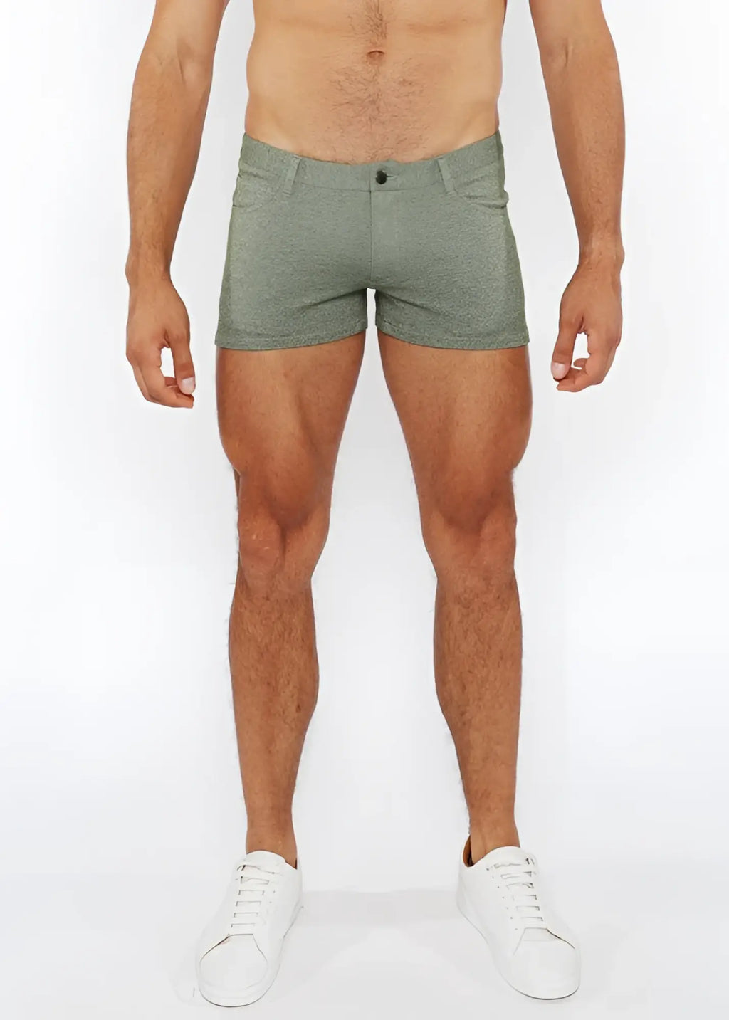 Men’s 3 inch stretch knit two tone olive green heathered cotton shorts with button closure and side pockets