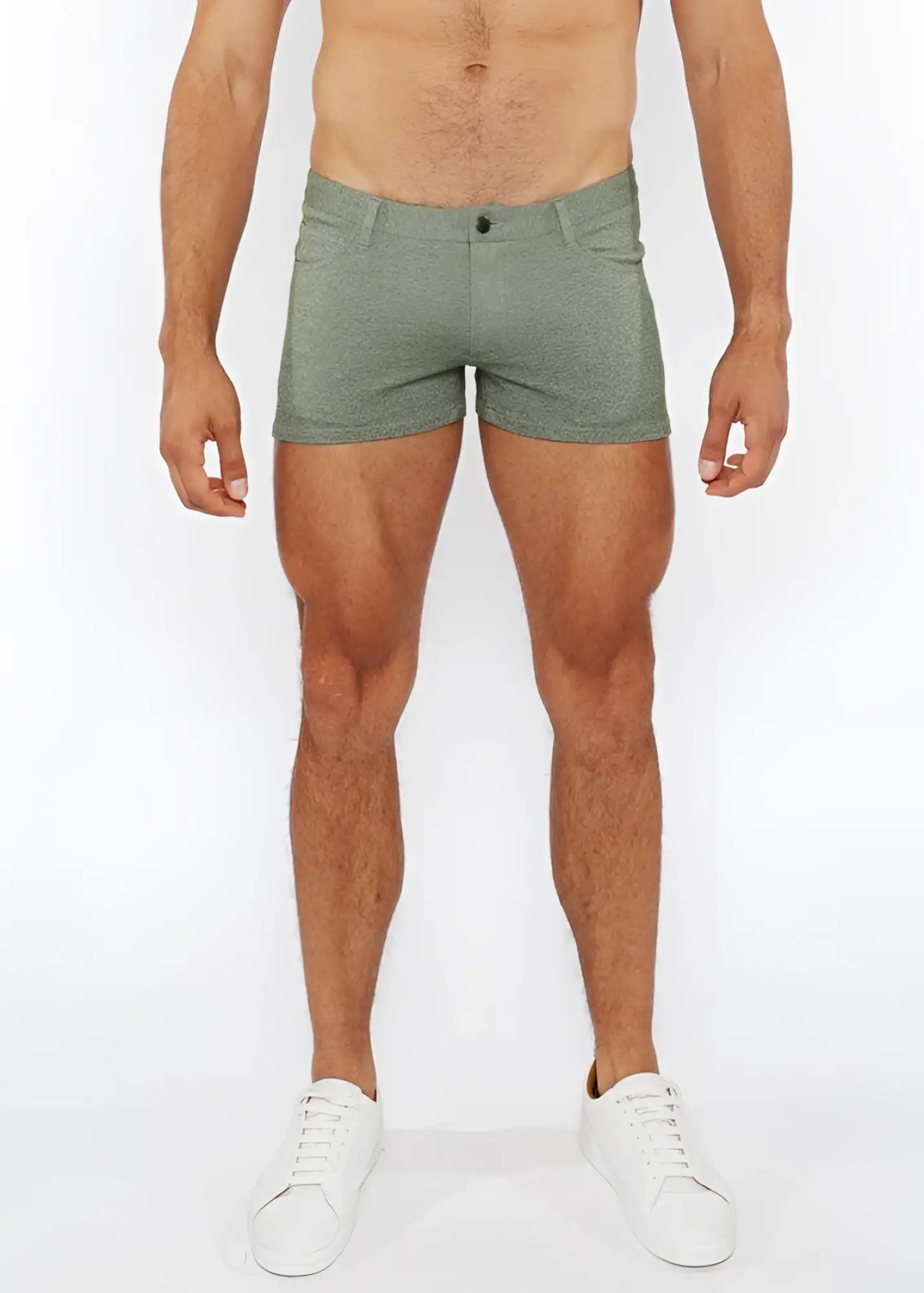 Men’s 3 inch stretch knit two tone olive green heathered cotton shorts with button closure and side pockets