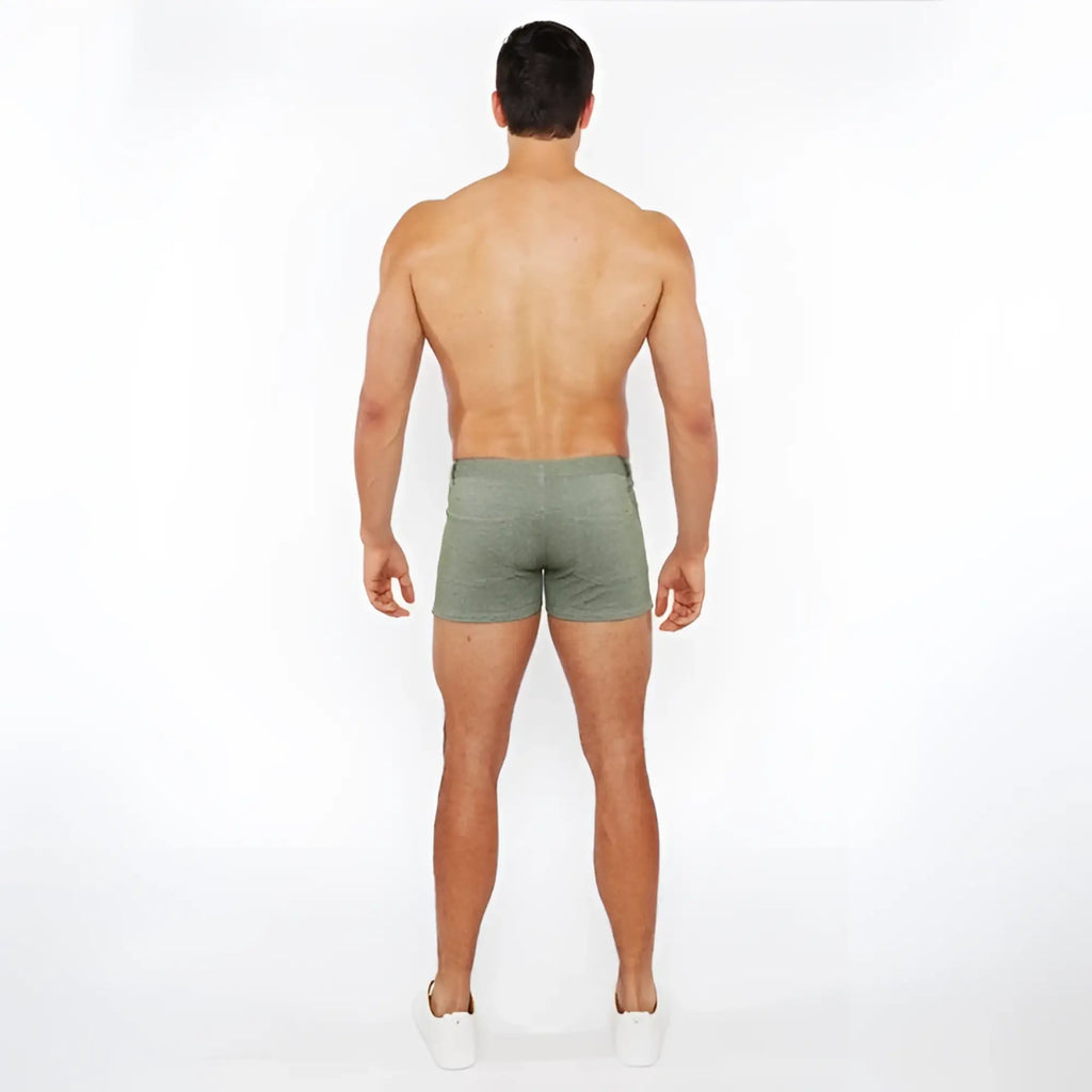 Olive green stretch knit two-tone briefs with textured fabric and 3 inch inseam for comfortable fit