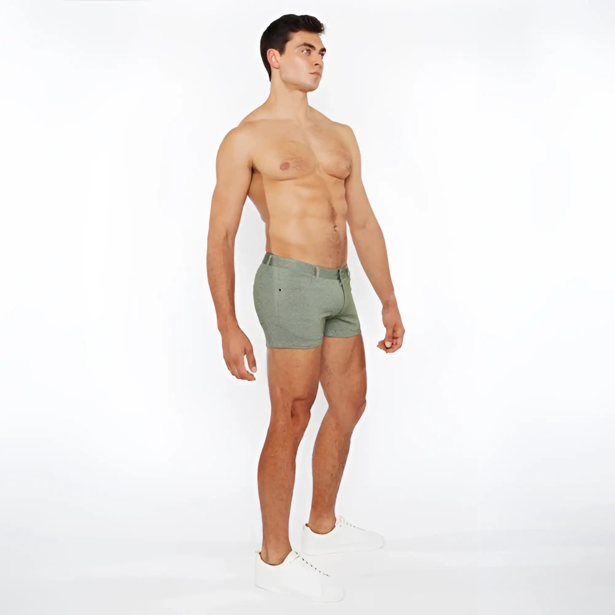 A pair of olive green slim-fit 3 inch stretch knit two-tone boxer shorts with subtle textured fabric and modern design