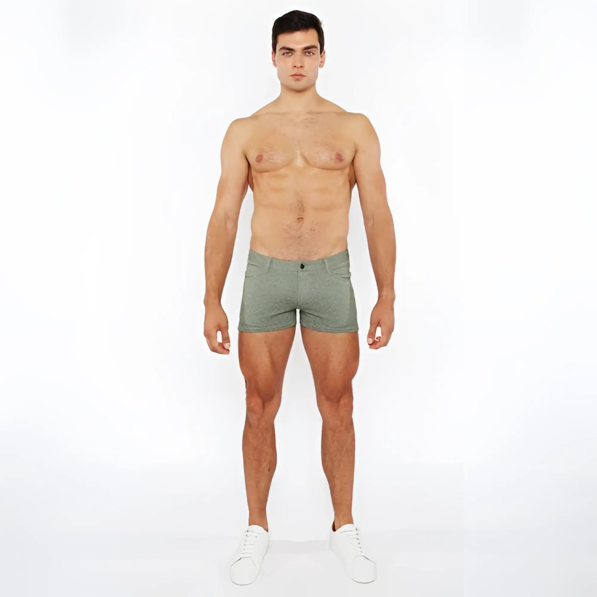 A pair of olive green 3 inch stretch knit two tone briefs with textured fabric and button closure