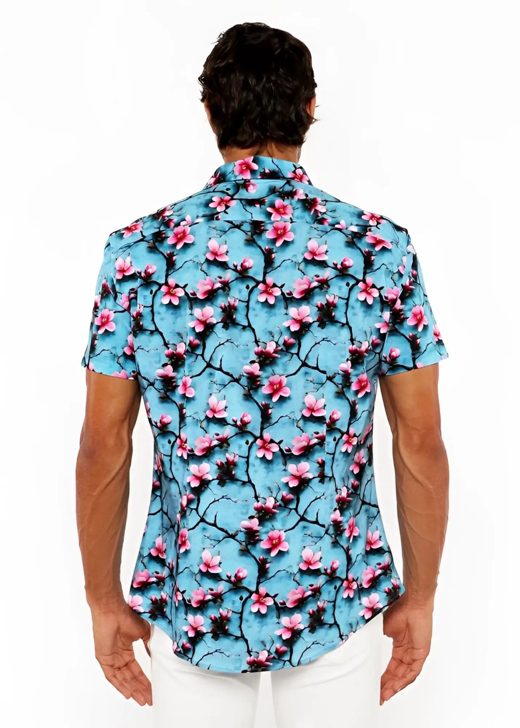 A vibrant turquoise short-sleeved cherry blossoms 3D print stretch knit shirt with pink flowers and dark vines