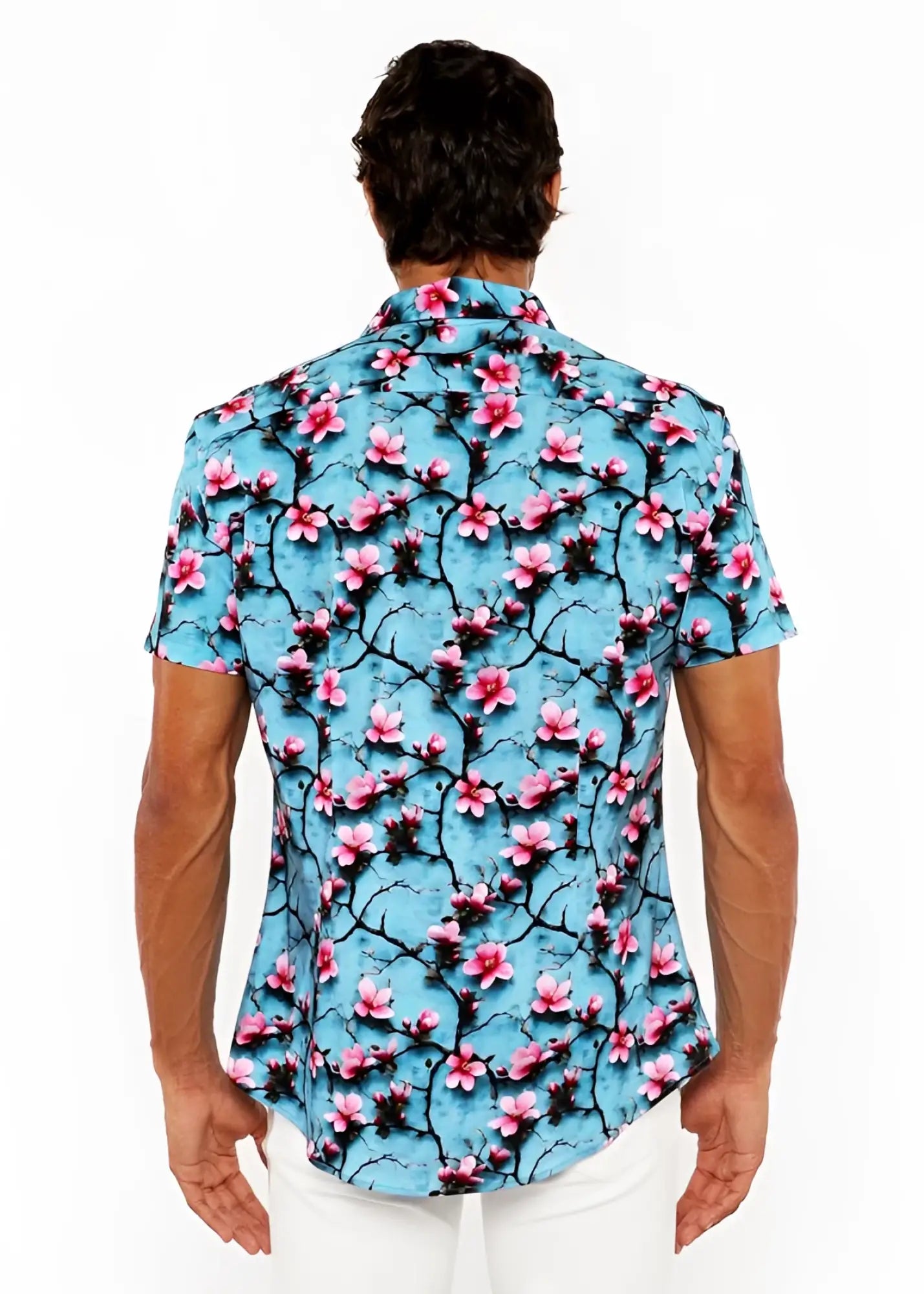 A vibrant turquoise short-sleeved cherry blossoms 3D print stretch knit shirt with pink flowers and dark vines