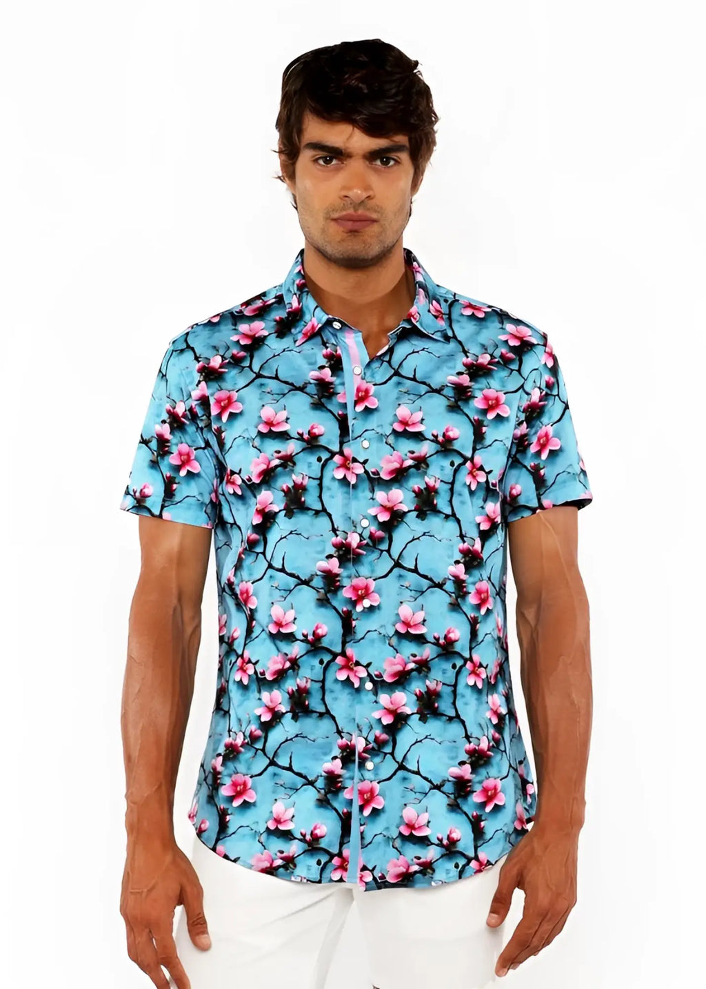 A vibrant turquoise short-sleeved button-up cherry blossoms 3D print stretch knit shirt with pink flowers and dark branches