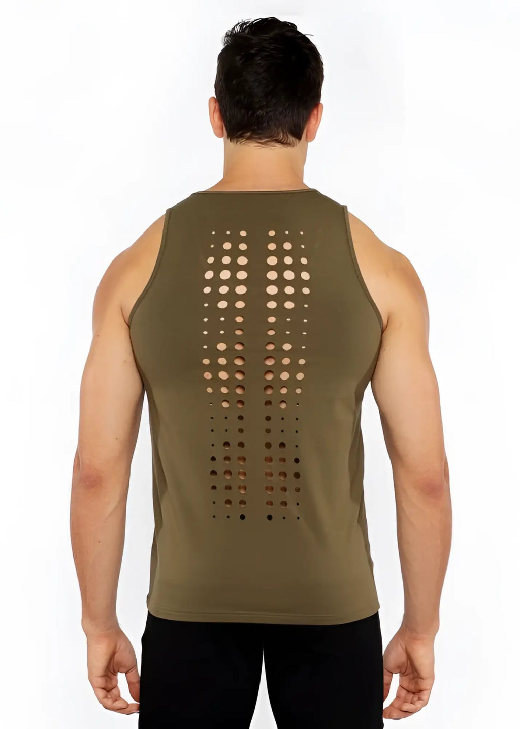 Olive green circle spine laser cut stretch jersey tank showing back with circular perforation pattern