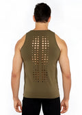 Olive green circle spine laser cut stretch jersey tank showing back with circular perforation pattern