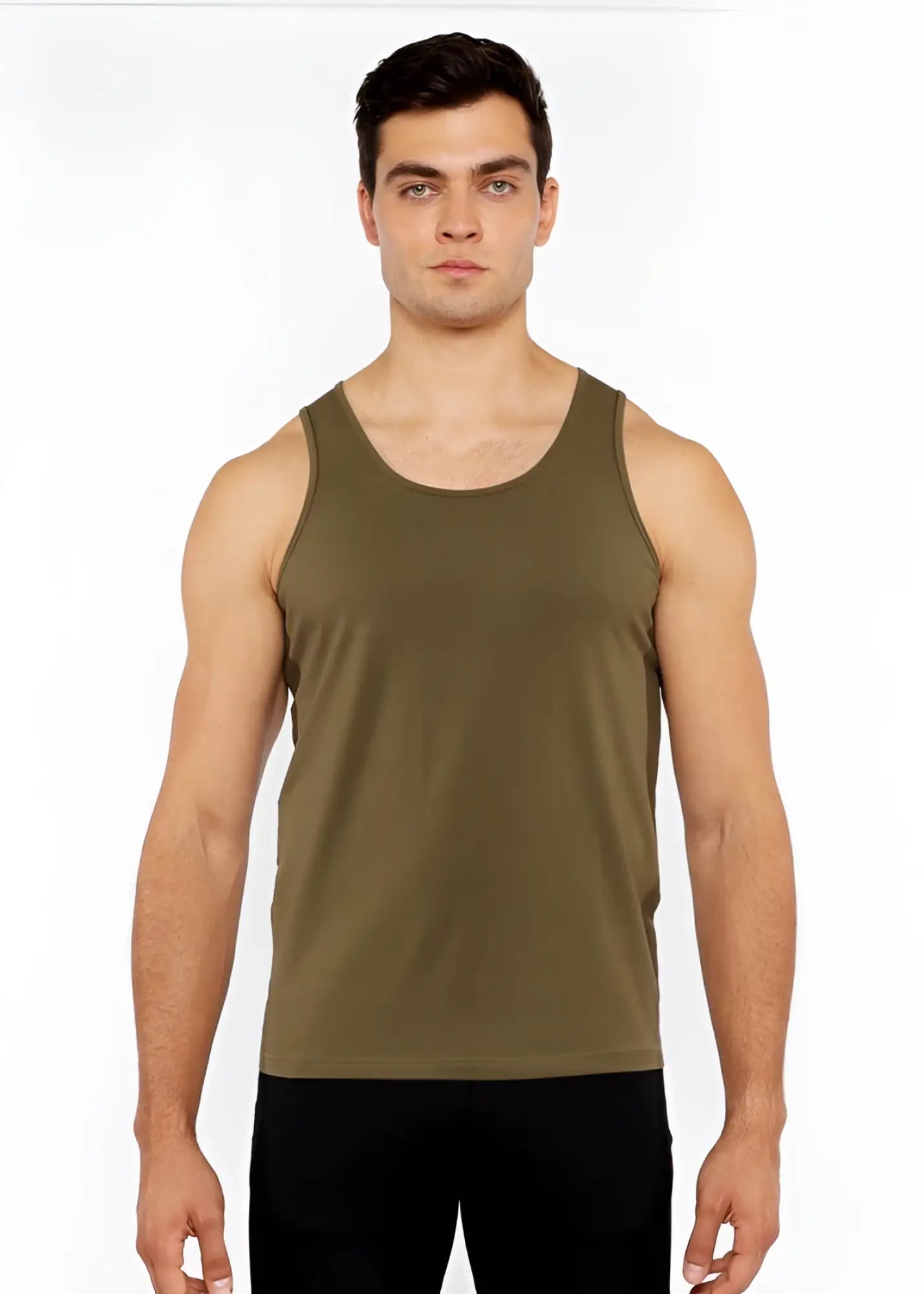 Olive green sleeveless circle spine laser cut stretch jersey tank with a simple fitted design