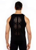 Black sleeveless circle spine laser cut stretch jersey tank showing circular perforations down the back