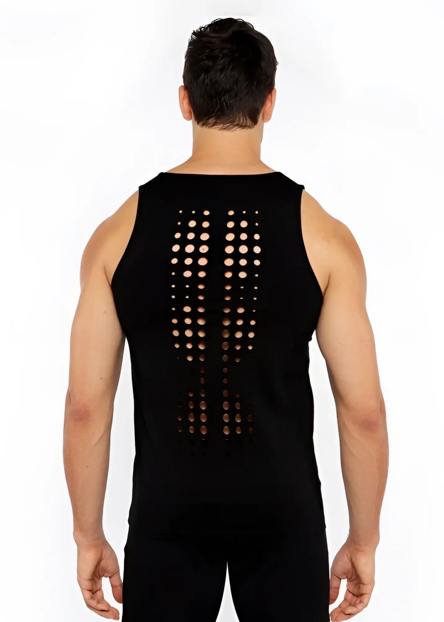 Black sleeveless circle spine laser cut stretch jersey tank showing circular perforations down the back