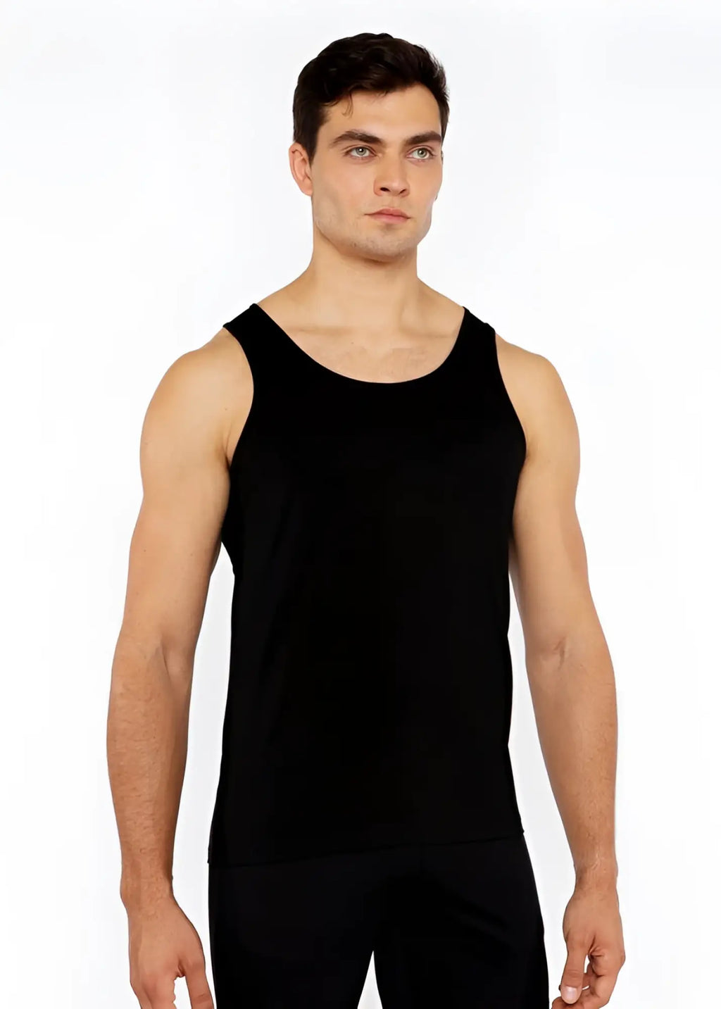 Black sleeveless circle spine laser cut stretch jersey tank with rounded neckline and smooth form-fitting fabric