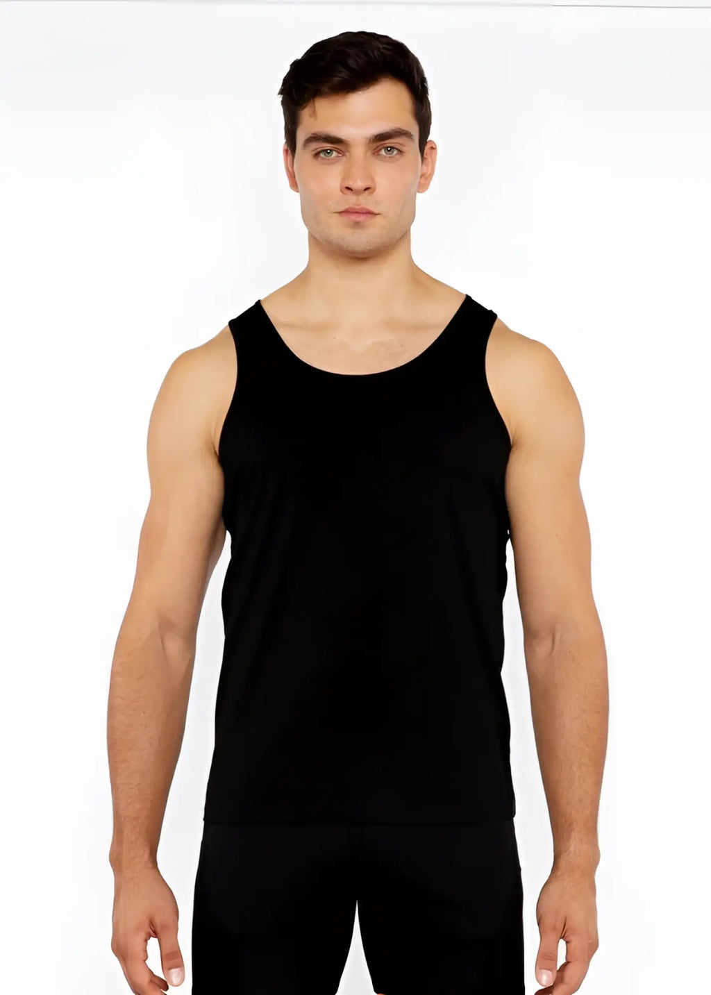 Black sleeveless circle spine laser cut stretch jersey tank top with simple solid design for casual wear
