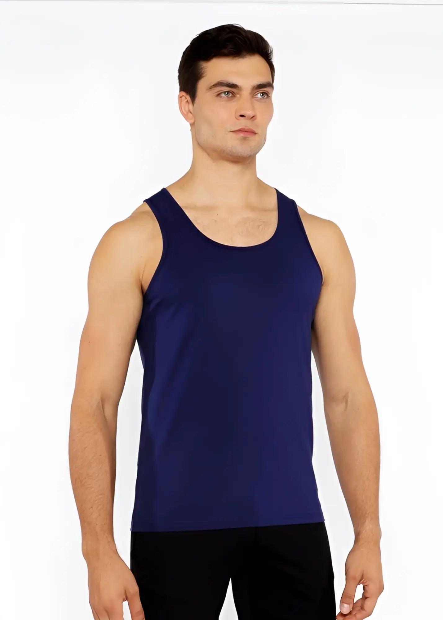 Navy blue sleeveless circle spine laser cut stretch jersey tank top front view for casual and active wear