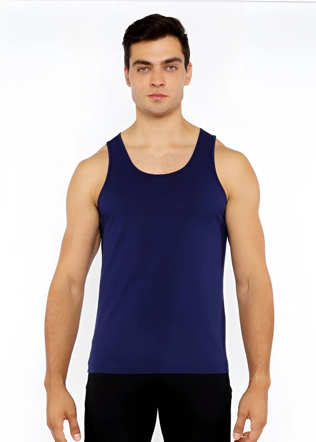 Navy blue sleeveless circle spine laser cut stretch jersey tank top showcasing its breathable fabric